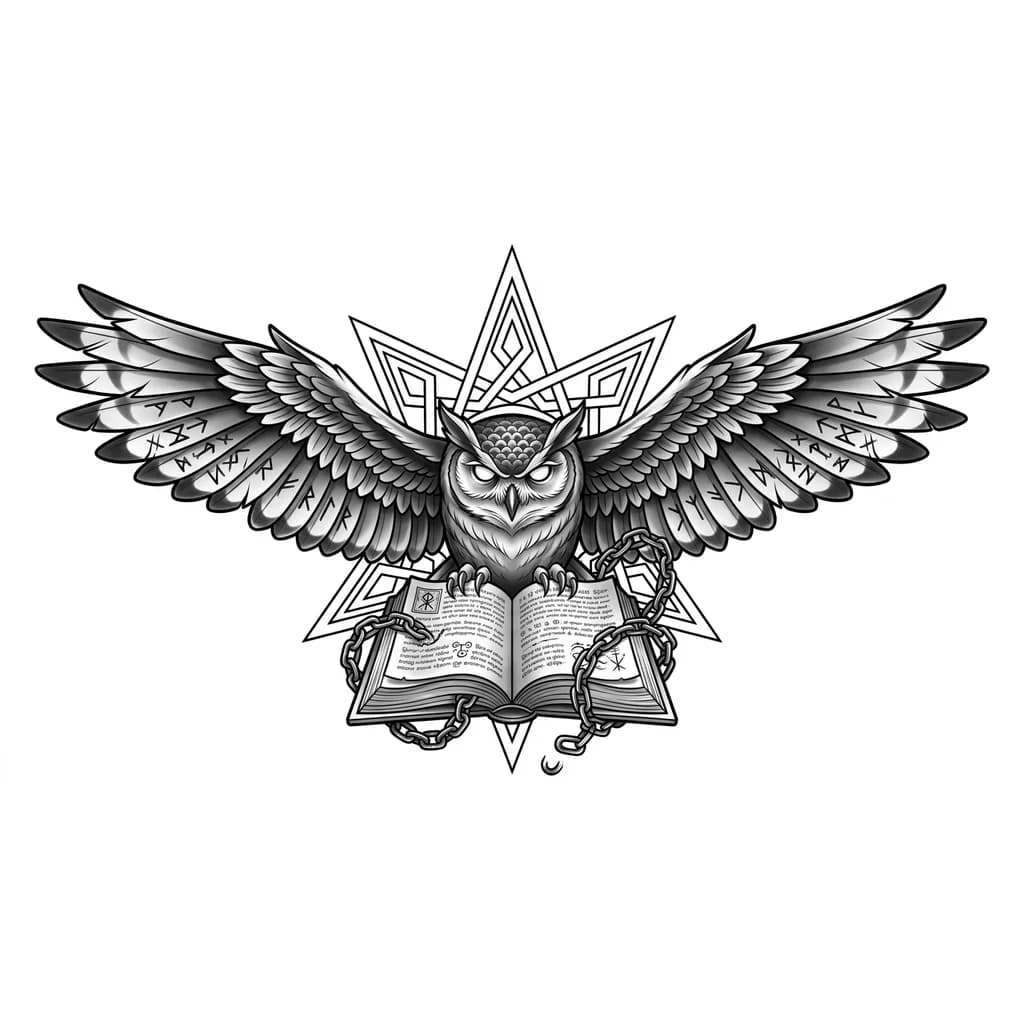Тату эскиз: Сова в полете. На каждом крыле руны мудрости. Начиная от живота и до низа открытая книга ,с написанными страницами .Можно типа фэнтэзи добавить цепи от книги. На фоне сзади совы изобразить 8 конечную звезду в стиле Скандинавии. Тату будет биться на груди. Сова суровая ближе к фэнтезийной .Глаза можно белые сделать зрачки или разноцветные радужки. Цель этой тату передать мудрости и любовь к книгам. Силу знаний и науки. Мистики