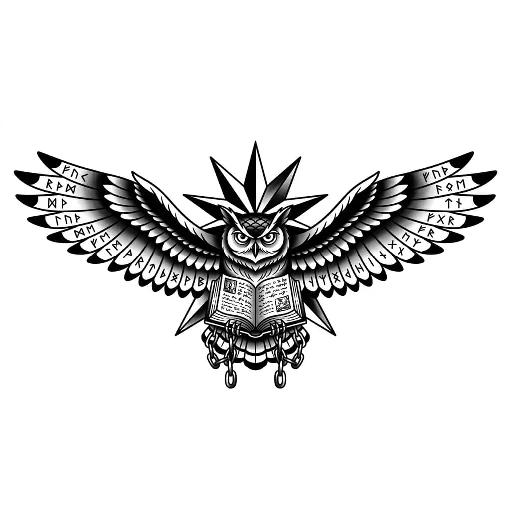 Тату эскиз: Сова в полете. На каждом крыле руны мудрости. Начиная от живота и до низа открытая книга ,с написанными страницами .Можно типа фэнтэзи добавить цепи от книги. На фоне сзади совы изобразить 8 конечную звезду в стиле Скандинавии. Тату будет биться на груди. Сова суровая ближе к фэнтезийной .Глаза можно белые сделать зрачки или разноцветные радужки. Цель этой тату передать мудрости и любовь к книгам. Силу знаний и науки. Мистики
