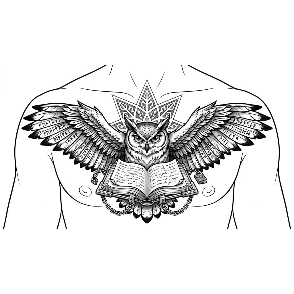 Тату эскиз: Сова в полете. На каждом крыле руны мудрости. Начиная от живота и до низа открытая книга ,с написанными страницами .Можно типа фэнтэзи добавить цепи от книги. На фоне сзади совы изобразить 8 конечную звезду в стиле Скандинавии. Тату будет биться на груди. Сова суровая ближе к фэнтезийной .Глаза можно белые сделать зрачки или разноцветные радужки. Цель этой тату передать мудрости и любовь к книгам. Силу знаний и науки. Мистики