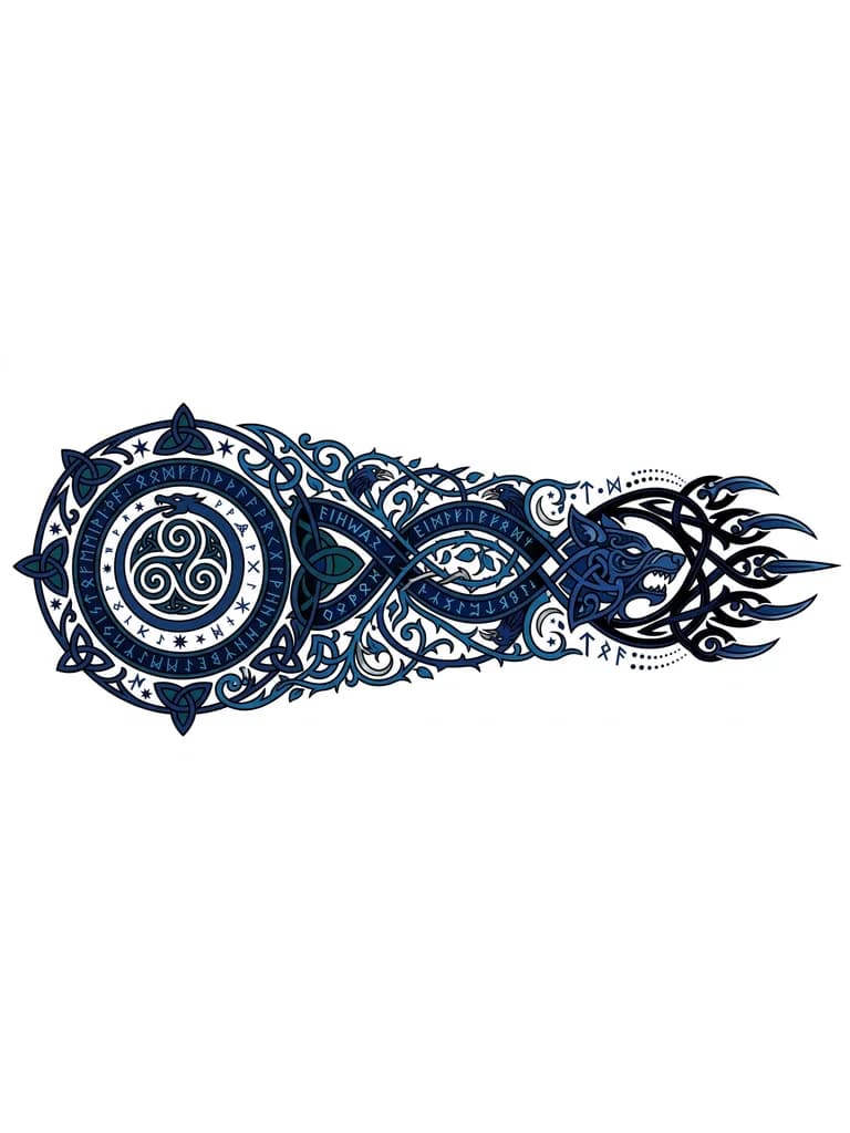 Тату эскиз: Узор на руке мистические друидский .переходящий со сгиба руки до кисти руки. Можно в стиле Скандинавии и мистики. Изобразить как бы узор на кисти должно быть завершение как бы лапы волка .с коготками .Узор в сине черных тонах. Что то наподобие что было у Неро из мульт сериала даже дьявол может плакать . узор сделать в скандинавском стиле с элементами фентези