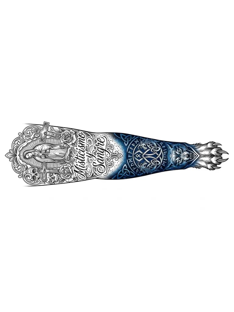 Тату эскиз: Узор на руке мистические друидский .переходящий со сгиба руки до кисти руки. Можно в стиле Скандинавии и мистики. Изобразить как бы узор на кисти должно быть завершение как бы лапы волка .с коготками .Узор в сине черных тонах. Что то наподобие что было у Неро из мульт сериала даже дьявол может плакать . узор сделать в скандинавском стиле с элементами фентези