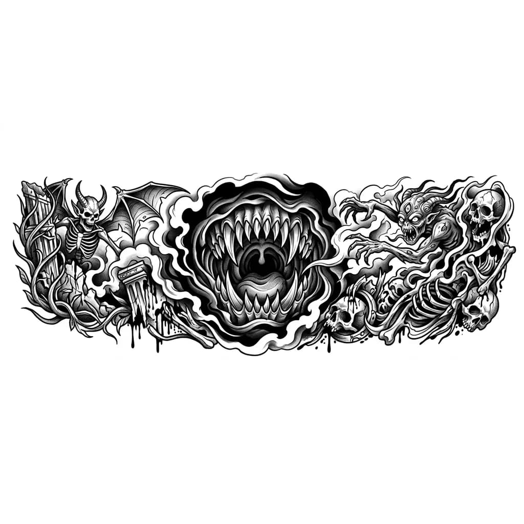 Тату эскиз: Клубящаяся тьма и развезнувшаяся пасть с клыками эффект 3д