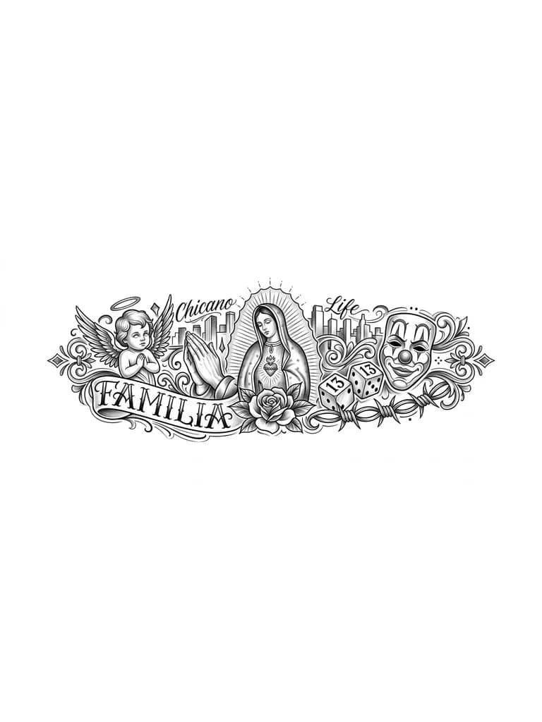 Тату эскиз: Гангстерская тематика с ангелочком