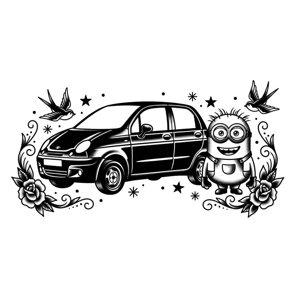 Тату эскиз: daewoo matiz чёрного цвета, рядом с ним миньон