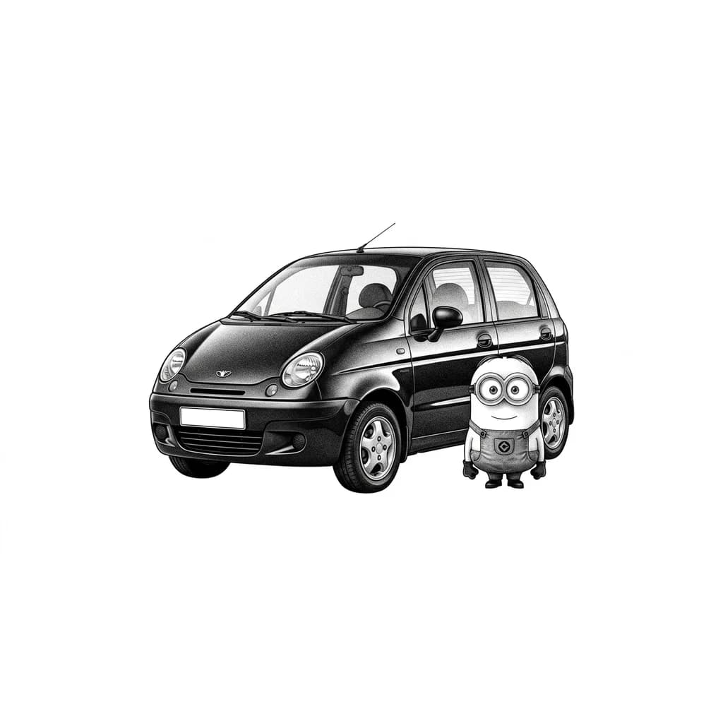 Тату эскиз: daewoo matiz чёрного цвета, рядом с ним миньон