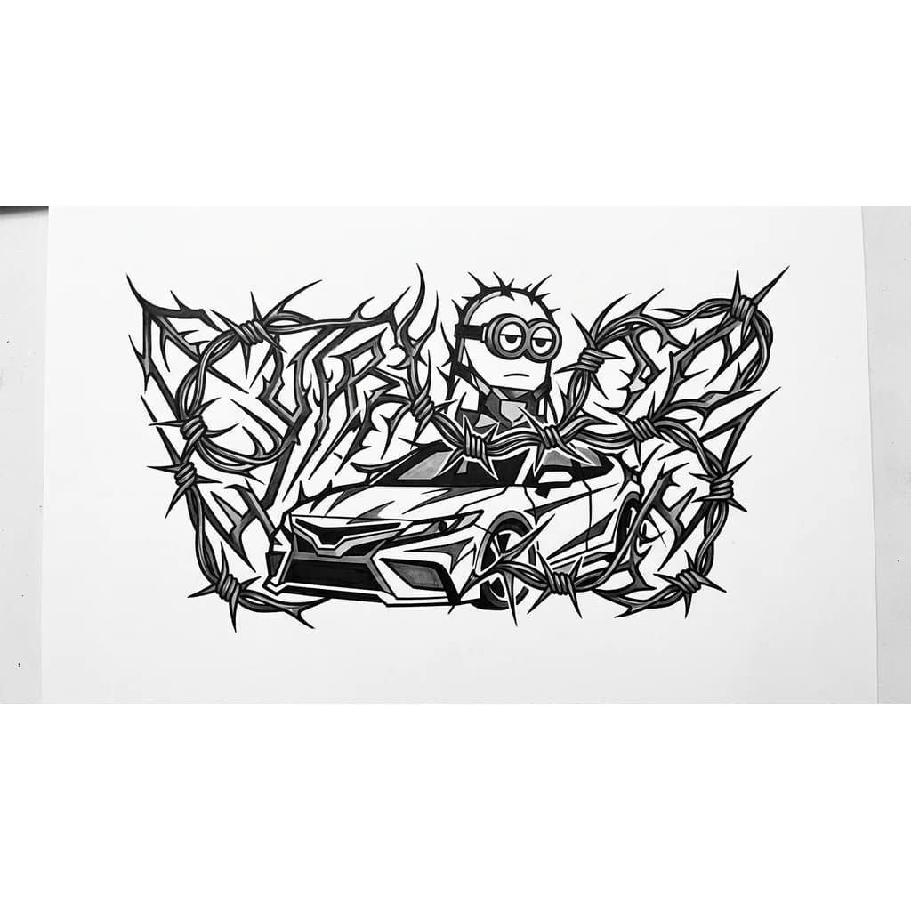 Тату эскиз: daewoo matiz чёрного цвета, рядом с ним миньон