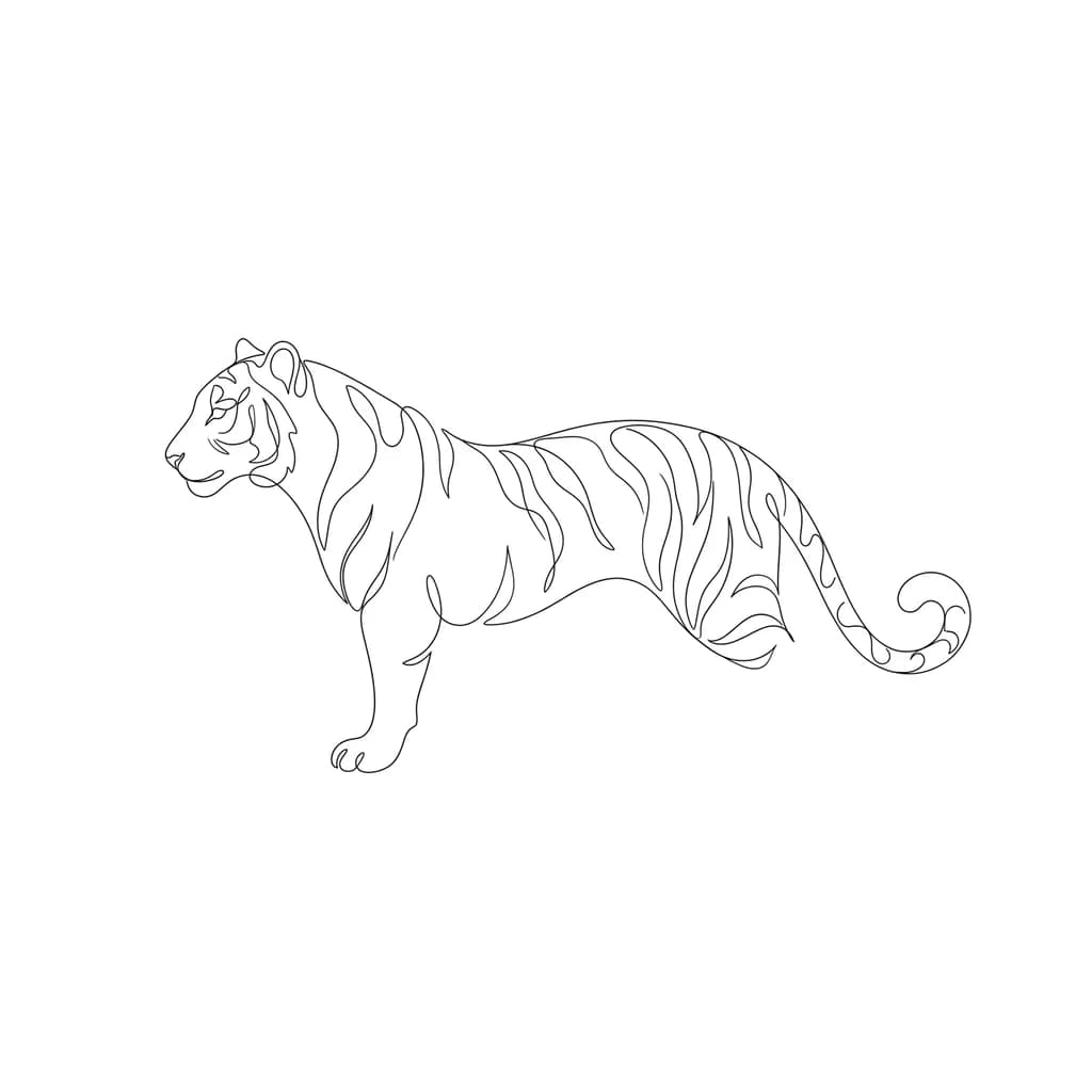 Тату эскиз:  В качестве основного элемента взять тигра, обязательно морду и тело, минималистичный стиль, возможно, одной линией, должно выглядеть женственно.