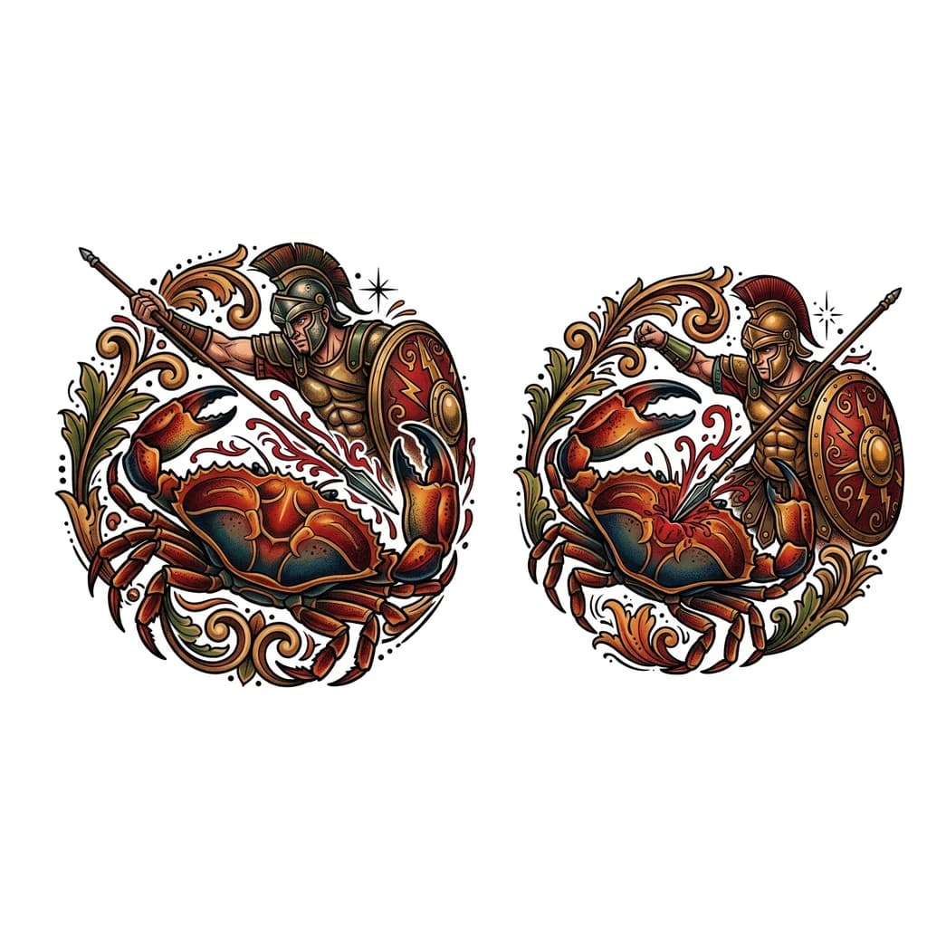 Тату эскиз: Гладиатор, в доспехах и шлеме со щитом в руке, протыкает насквозь копьем большого рака