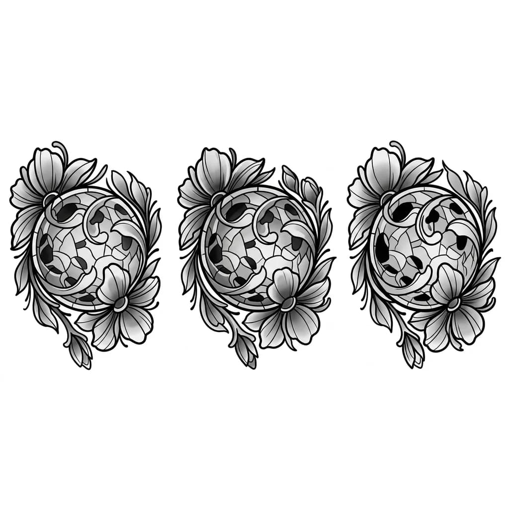 Тату эскиз: Полнолуние в стиле витража обвитое лунными фиолетовыми цветами
