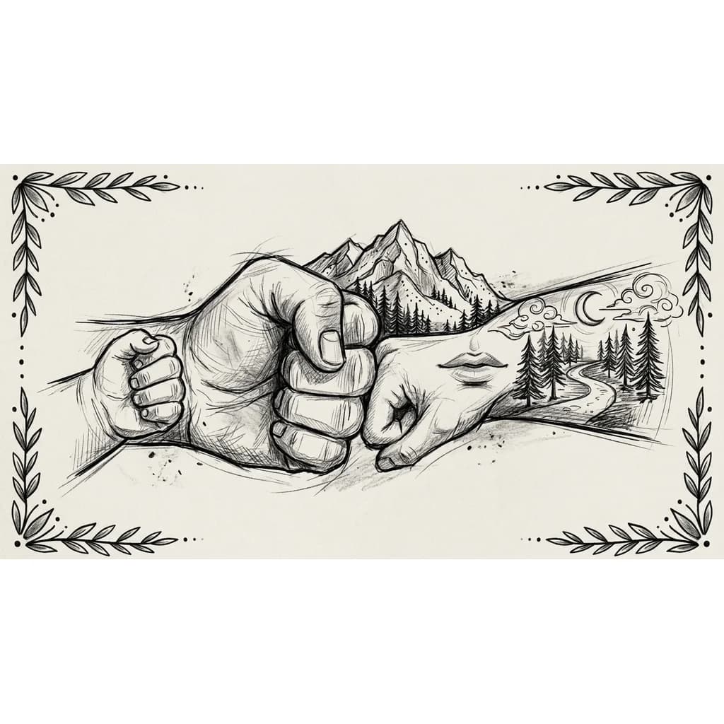 Тату эскиз: Кулак отца и кулак ребенка ,с элементами леса и гор и женские губы