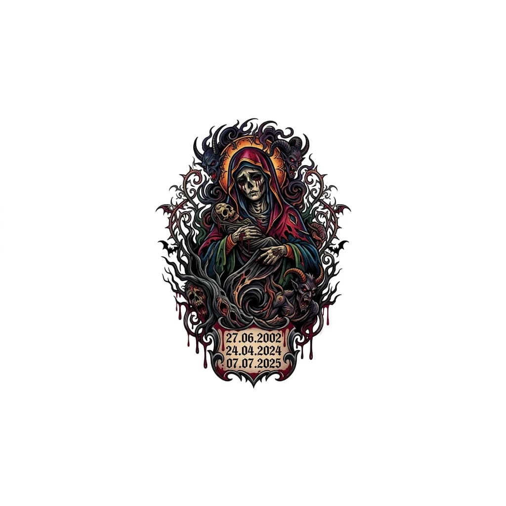 Тату эскиз: Даты : 27.06.2002, 24.04.2024,07.07.2025. 
Икона матерь божья