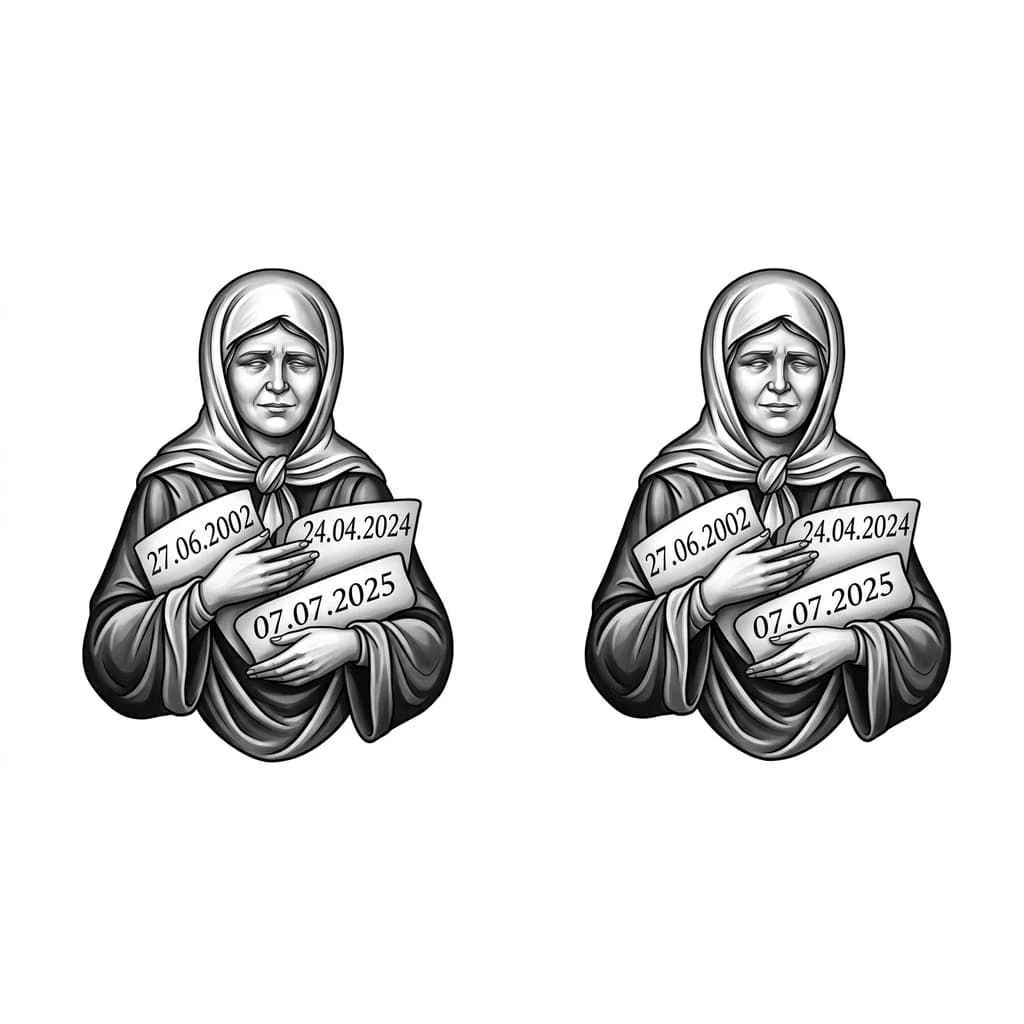Тату эскиз: Даты : 27.06.2002, 24.04.2024,07.07.2025. 
Икона Матрона она как будто обнимает и оберегает эти даты