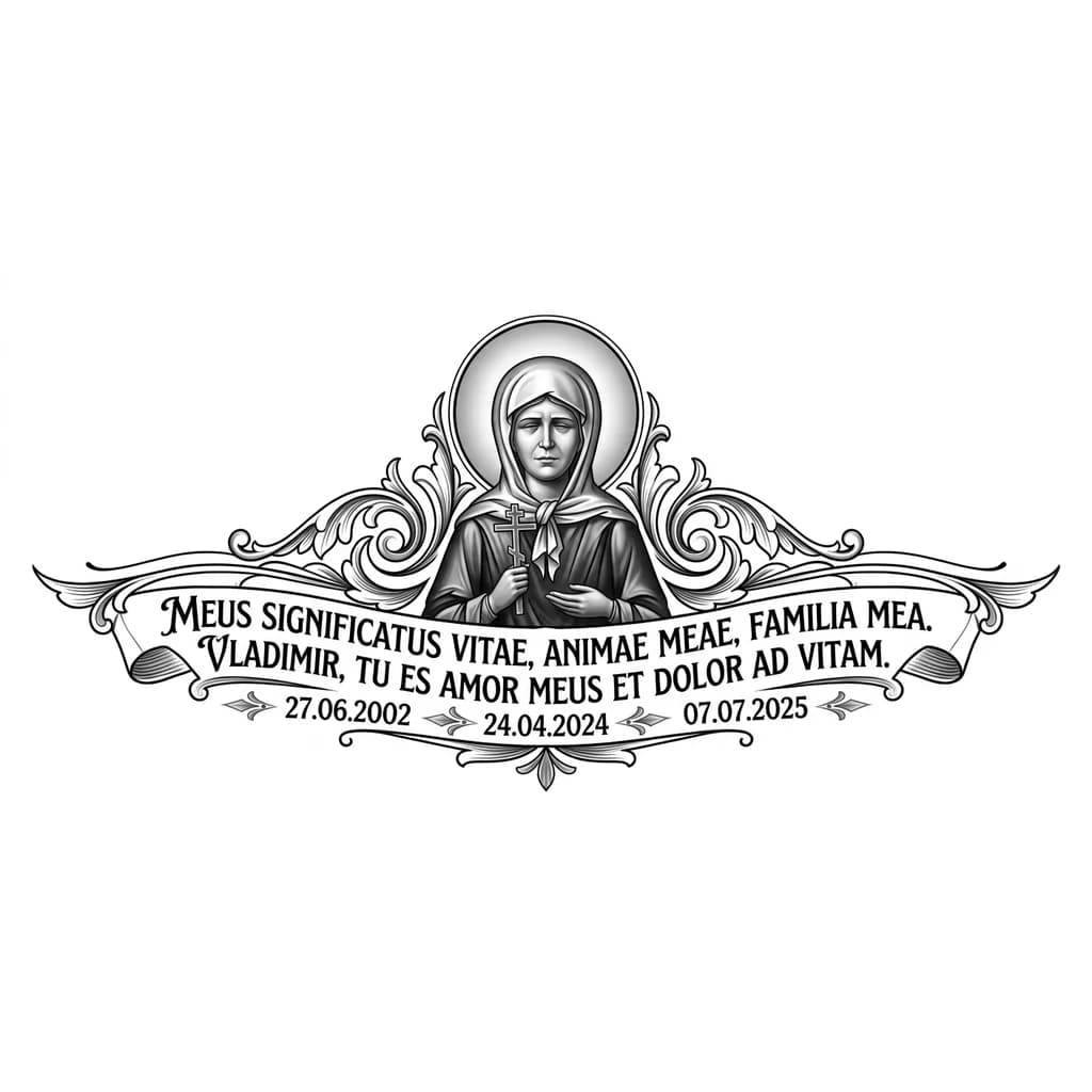 Тату эскиз: Даты : 27.06.2002, 24.04.2024,07.07.2025. 
Икона Матрона . И надпись 
Мой смысл жизни,
Мои души , 
Моя семья .
Владимир,ты моя любовь и боль на всю жизнь…
И весь текст на латинском