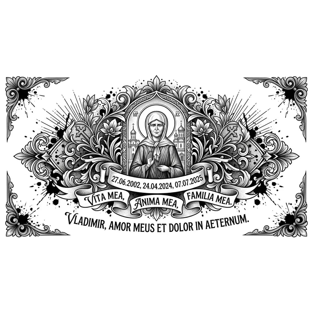 Тату эскиз: Даты : 27.06.2002, 24.04.2024,07.07.2025. 
Икона Матрона . И надпись 
Мой смысл жизни,
Мои души , 
Моя семья .
Владимир,ты моя любовь и боль на всю жизнь…
И весь текст на латинском
И все рамке с распылением