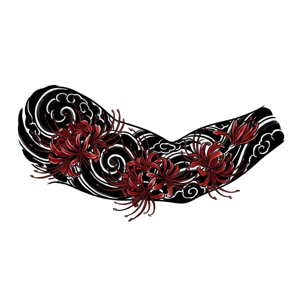 Тату эскиз: Мне нужна татуировка, которая сможет перекрыть другую татуировку на руке. Она должна быть черно-красной, по форме должна перекрыть морскую звезду. чёрный цвет должен занимать большую площадь, чтобы перекрыть другую татуировку

Можно использовать китайскую или японскую тематику, например паучьи лилии или что то в этом роде. 
Также нужен черный фон