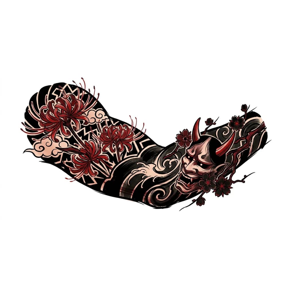 Тату эскиз: Мне нужна татуировка, которая сможет перекрыть другую татуировку на руке. Она должна быть черно-красной, по форме должна перекрыть морскую звезду. чёрный цвет должен занимать большую площадь, чтобы перекрыть другую татуировку

Можно использовать китайскую или японскую тематику, например паучьи лилии или что то в этом роде. 
Также нужен черный фон