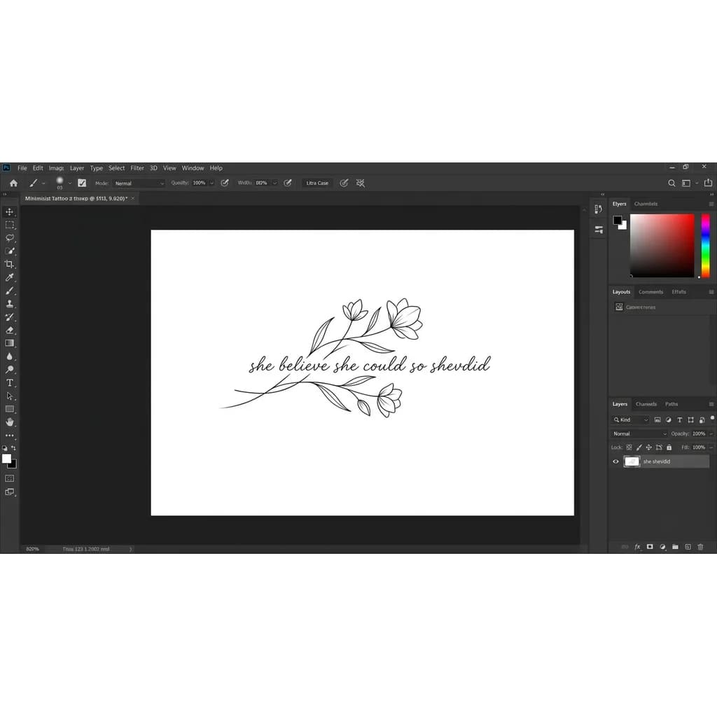 Тату эскиз: Дополнить уже готовую тату с надписью: she believe she could so she did,  стиль минимализ нежно и женственно, находиться на спине в районе правого плеча 