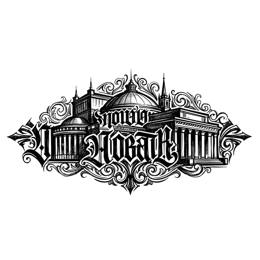 Тату эскиз: Сделай эскиз тату в черном белом цвете с изображением Новосибирского театра новат без надписей более агресивное все детали пожирнее