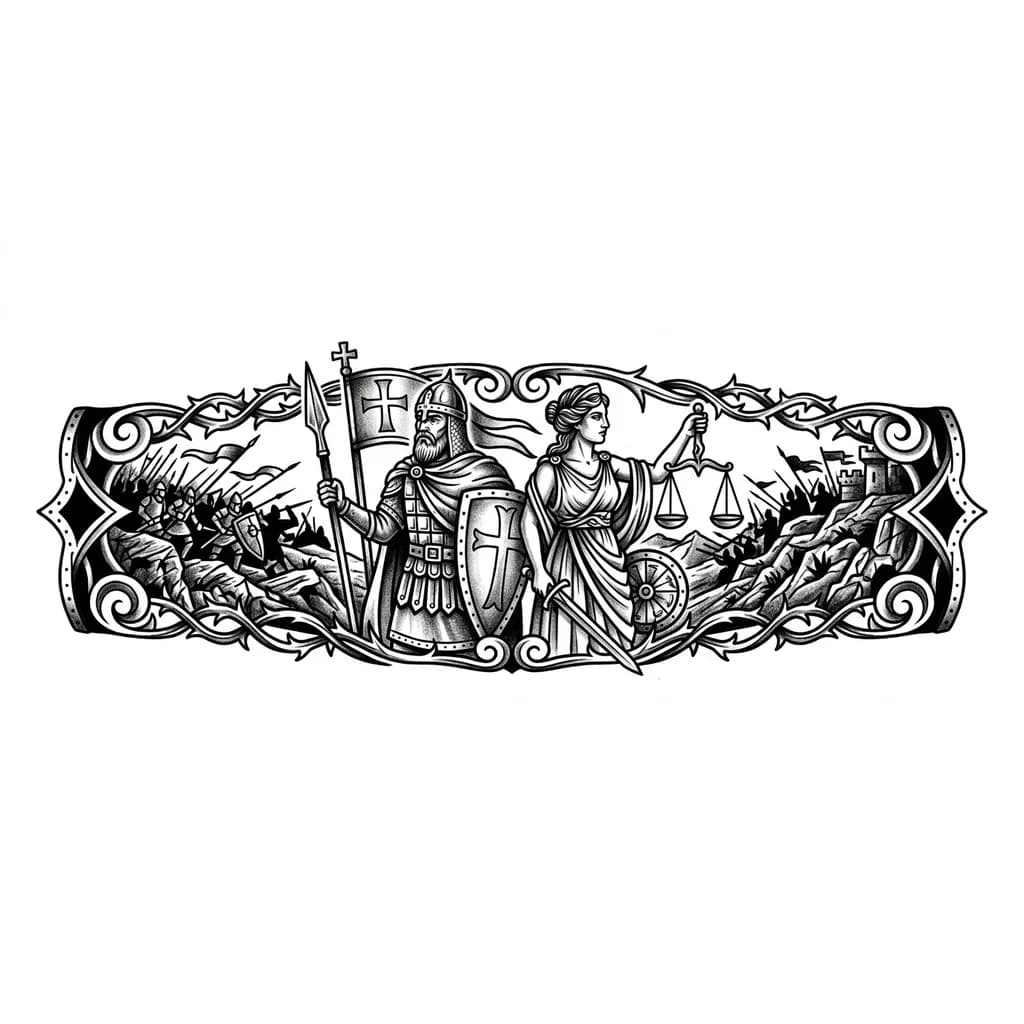 Тату эскиз: Святой Олег и богиня Немезида стоят спиной друг к другу, на заднем плане идет бой