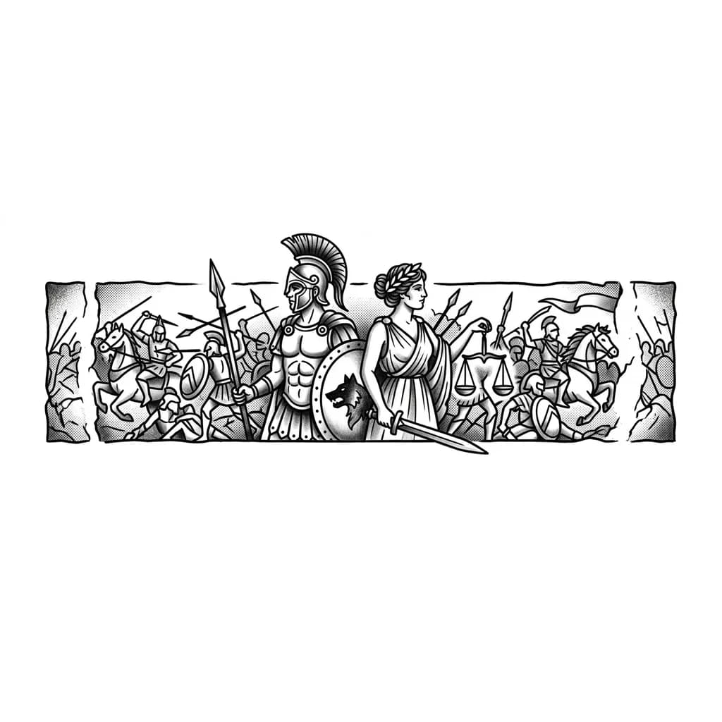 Тату эскиз: Бог Марс и богиня Немезида стоят спиной друг к другу, на заднем плане идет бой