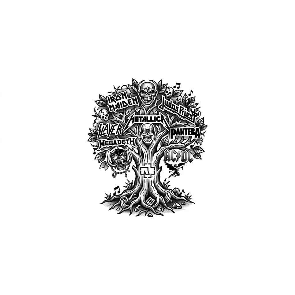 Тату эскиз: Дерево рок/метал груп с логотипами