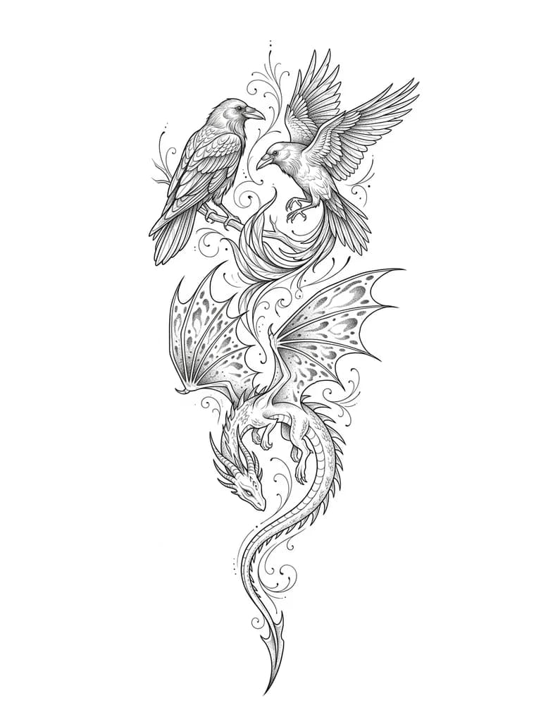 Тату эскиз: нужно соединить двух воронов и дракона песня смерти из мультика как приручить дракона