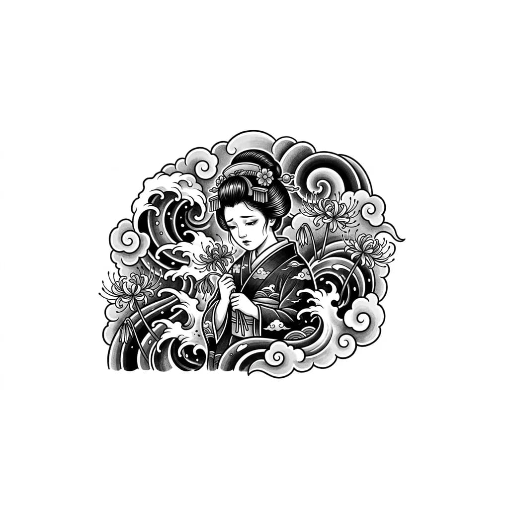 Тату эскиз: Девушка с цветами ликориса печальная 