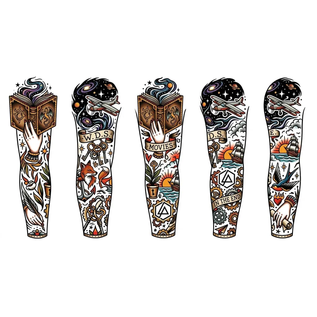 Тату эскиз: У меня уже есть на руке тату - маленький самолётик и фигурка лисы, их нужно интегрировать в тату рукава. Я не знаю что именно должно быть на моей тату, я опишу что я люблю - семью (жена, дочь и сын), группу Линкин парк и рок музыку, фильмы Леон и Достучаться до небес, стиль стимпанк, космос, вселенную. Все эти элементы могут быть в виде небольших деталей, не обязательно доминировать. Ещё я люблю литературу, фаниастку, возможно это может быть основной темой тату. Не надо цветов (растений).