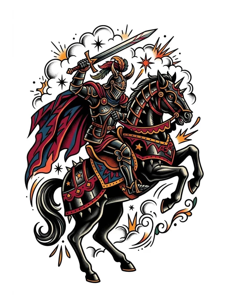 Тату эскиз: Рыцарь в доспехах с плащом с мечом на черном коне в доспехах становится на задние ноги. Рыцарь мощный,  наносит удар мечом.