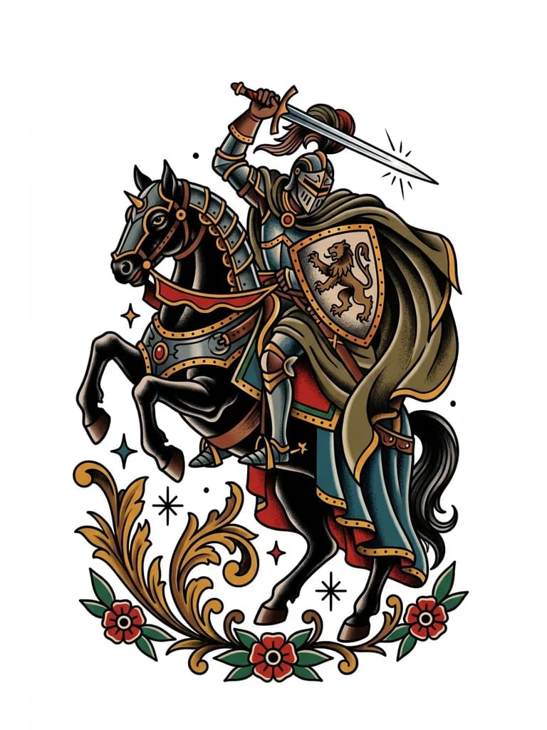 Тату эскиз: Рыцарь в доспехах с плащом с мечом на черном коне в доспехах становится на задние ноги. Рыцарь мощный,  наносит удар мечом.