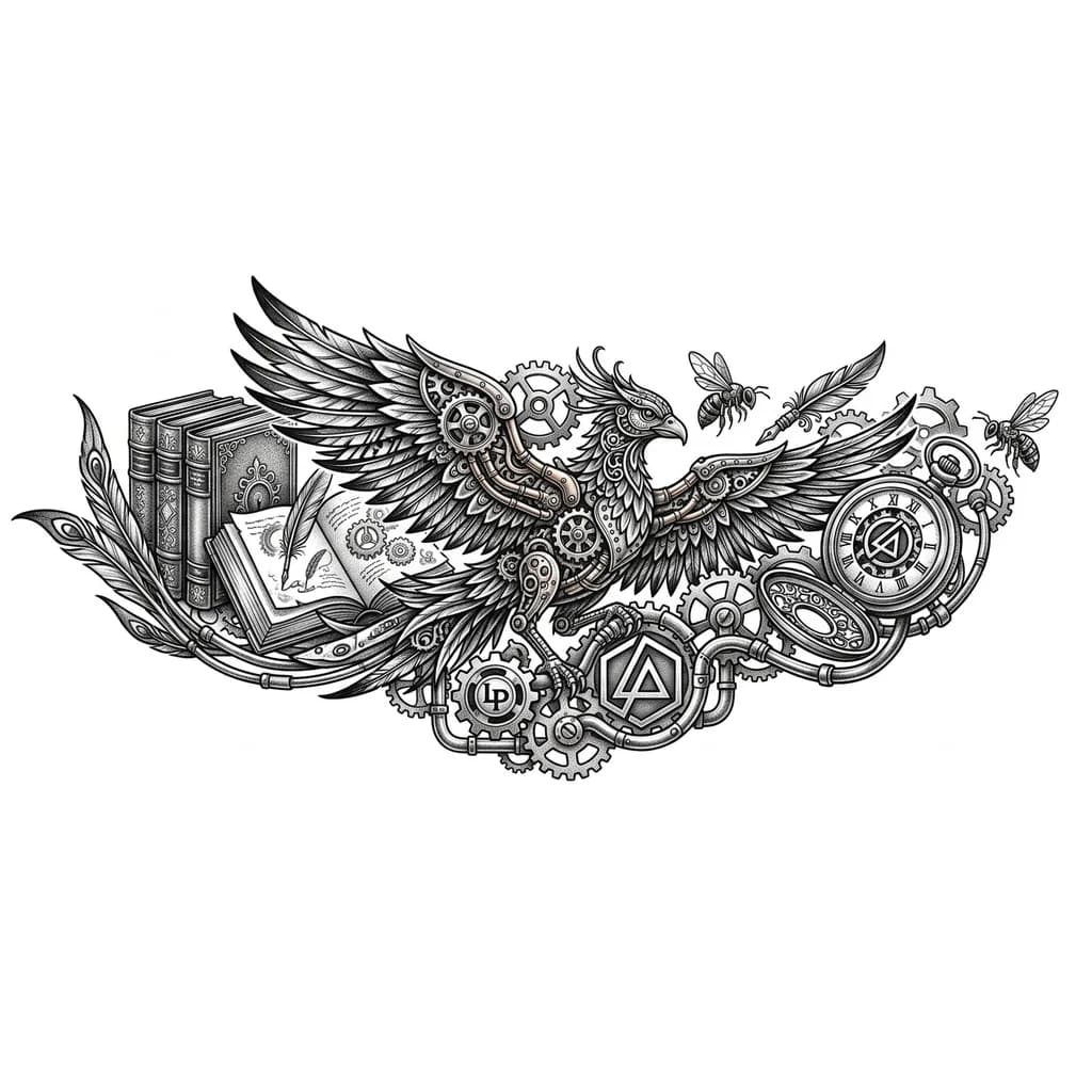 Тату эскиз: Я люблю группу Линкин парк, стиль стимпанк и литературу. Надписей не надо