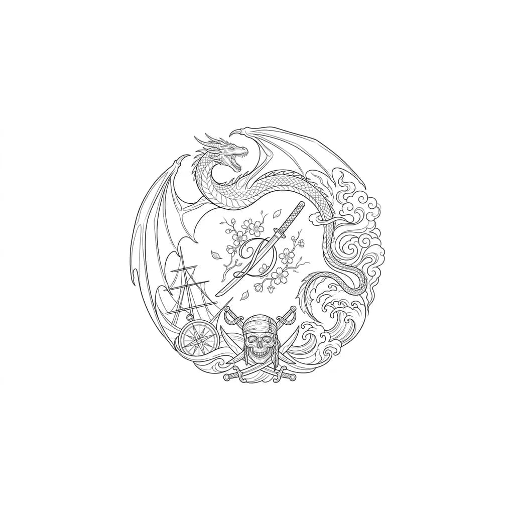 Тату эскиз: Хочу татуировку на предплечье в стиле лайнворк: тонкие контуры, минимум заливки. Эскиз — круговой, возможно, с переходом в полу-рукав.

В композиции:

драконы в стиле «Игры престолов» (Дейенерис Таргариен),
отсылки к «Пиратам Карибского моря» (Джек Воробей),
элементы аниме и японской тематики.
Важно: гармония, лёгкость, цельность.