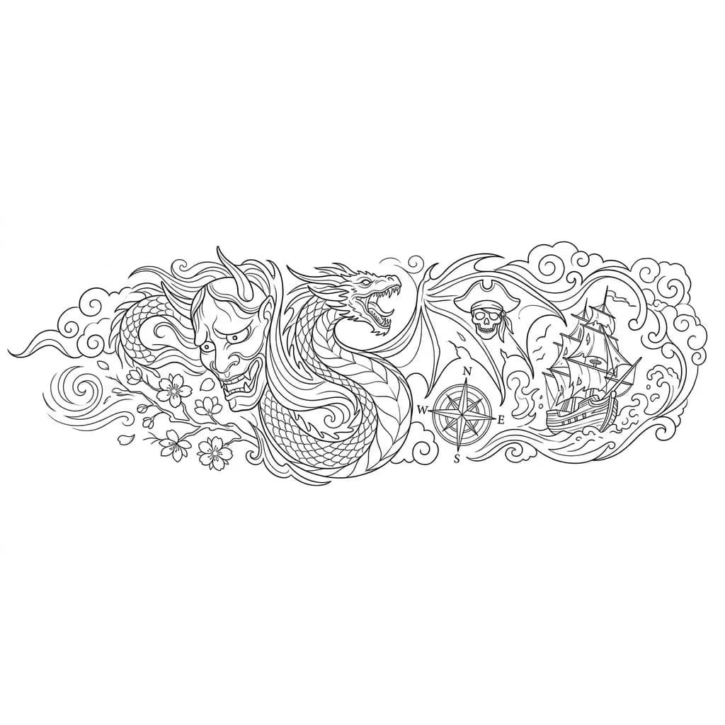 Тату эскиз: Хочу татуировку на предплечье в стиле лайнворк: тонкие контуры, минимум заливки. Эскиз — круговой, возможно, с переходом в полу-рукав.

В композиции:

драконы в стиле «Игры престолов» (Дейенерис Таргариен),
отсылки к «Пиратам Карибского моря» (Джек Воробей),
элементы аниме и японской тематики.
Важно: гармония, лёгкость, цельность.