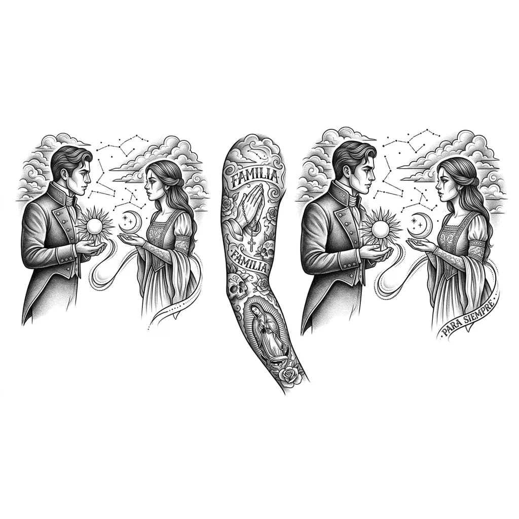 Тату эскиз: Парень и девушка стоят рядом в анфас и смотрят друг на друга. Парень одет во фрак, девушка в средневековое платье. Парень держит в руках солнце, девушка держит в руках полумесяц. Позади них плывут облака и видны различные созвездия. Парень и девушка стоят рядом и между ними видна нить, которая связывает их друг с другом. 