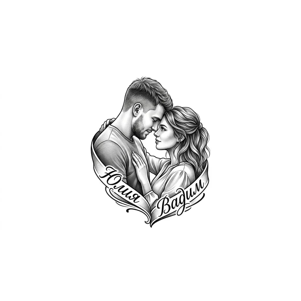 Тату эскиз: Нежная, лёгкая, показывающая искренние глубокие чувства, Между мужчиной и женщиной с именем Юлия и Вадим