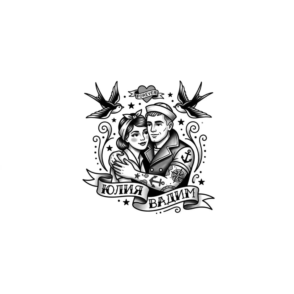 Тату эскиз: Нежная, лёгкая, показывающая искренние глубокие чувства, Между мужчиной и женщиной с именем Юлия и Вадим