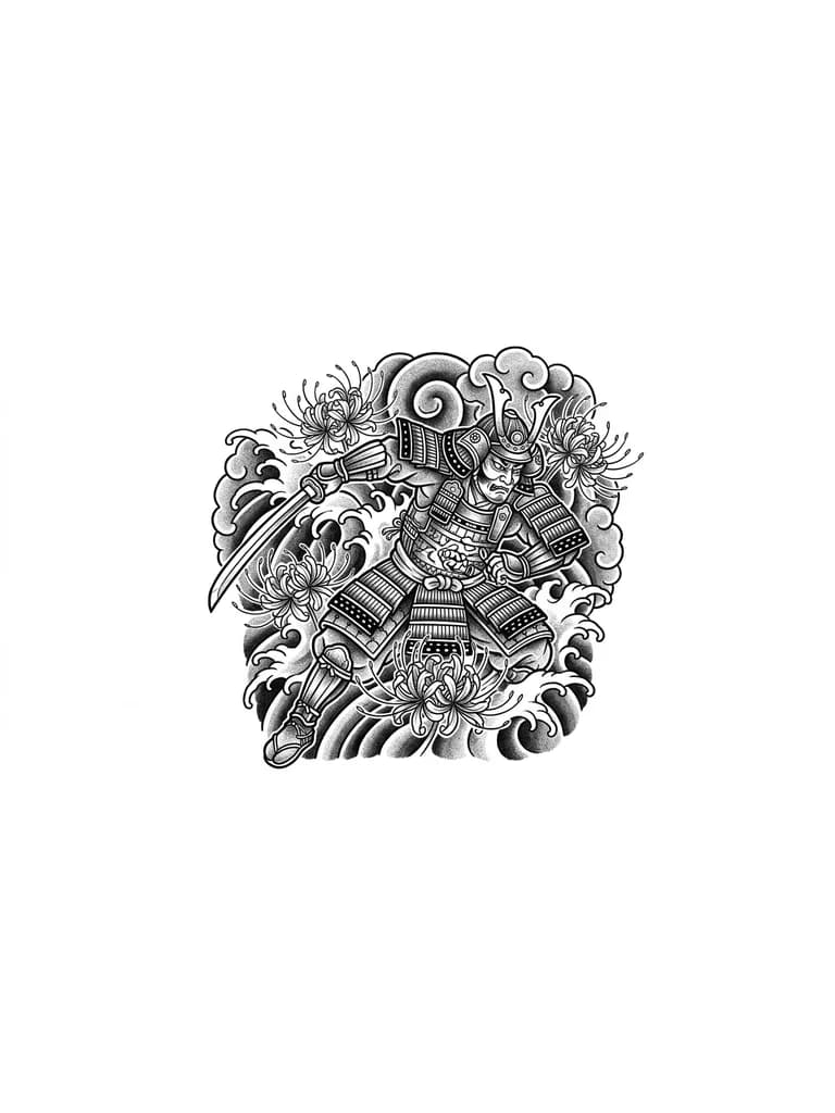 Тату эскиз: Сделай тату эскиз с хиганбаной и самураем в японском стиле