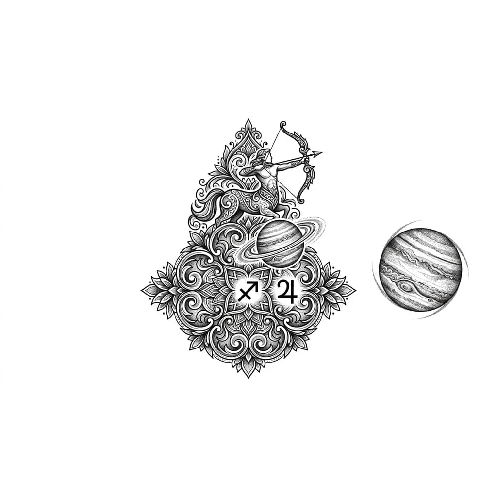 Тату эскиз: знак зодиака Стрелец и планета Юпитер