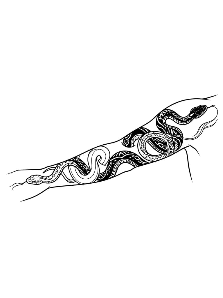 Тату эскиз: «Татуировка на всю руку от кисти до ключицы: две змеи обвивают руку. Чёрная змея ползёт вверх, голова у ключицы; белая — вниз, голова у кисти. Стиль — блэкворк: чёрная змея с плотной заливкой и тонкими линиями чешуи, белая — чистый контур. Тела переплетаются в двух местах. Монохром, высокая детализация, чёткие линии. Эскиз, вид сбоку.»