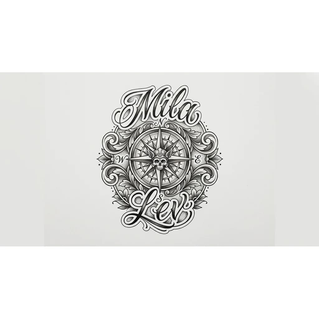 Тату эскиз: Жену зовут Мила 
Сына зовут Лев 
Сделай эскиз тату 