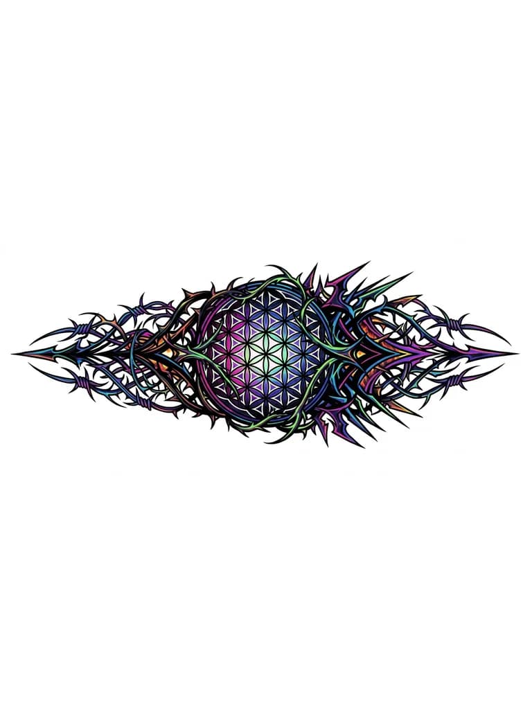 Тату эскиз: vertical forearm tattoo composition. Dark ornamental gothic style meets sacred geometry. A central geometric mandalic structure (like Flower of Life) intertwined with sharp, thorny organic vines. Deep black ink, fine lines, dark aesthetic. No lettering. The design starts bold at the top and tapers off elegantly towards the wrist. High resolution, tattoo flash art style.