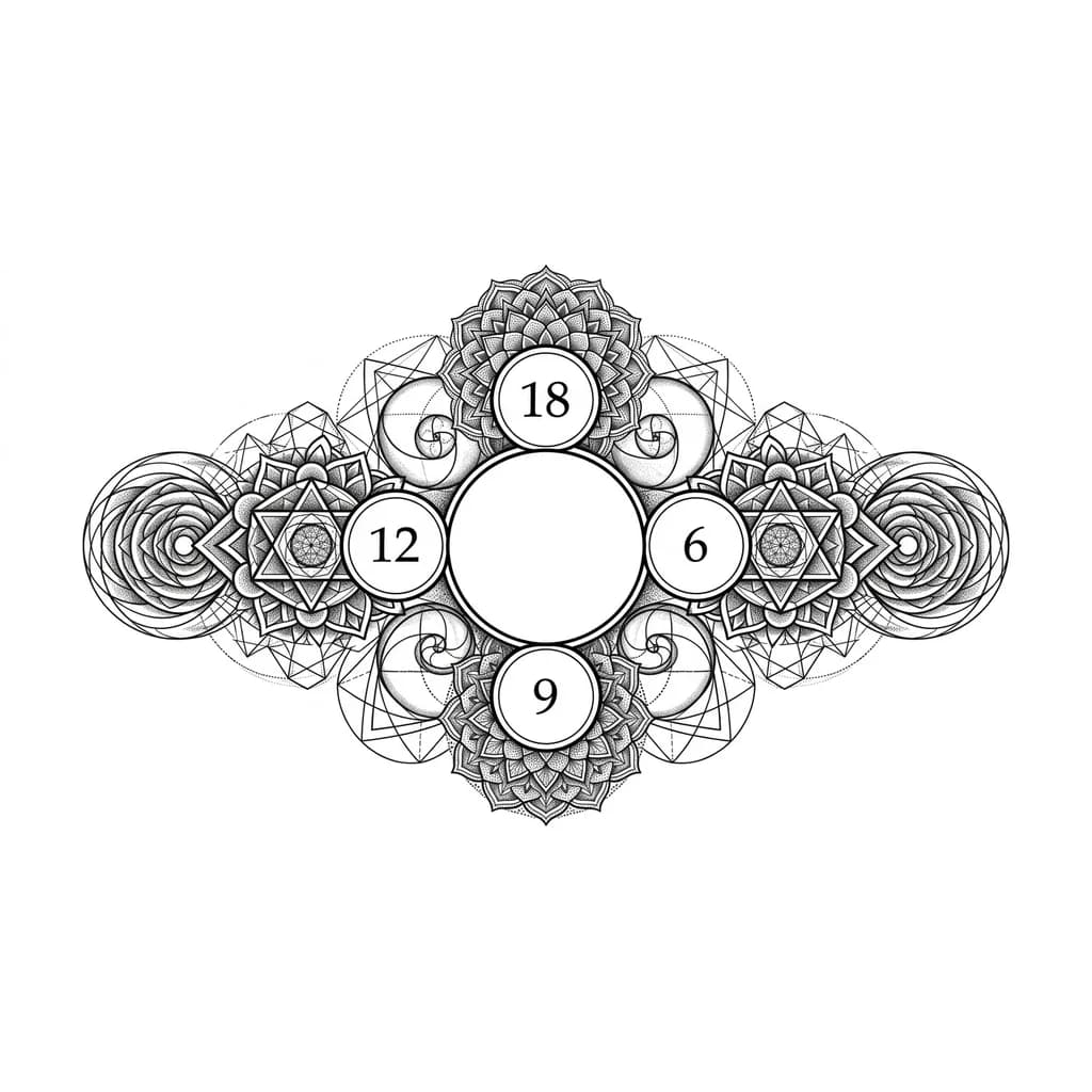 Тату эскиз: пустая окружность на линии которой находится еще маленькие пустые окружности, в которых написано: 1 окружность - цифра 18, находится сверху, и дальше по часовой стрелке 6, 9 и 12