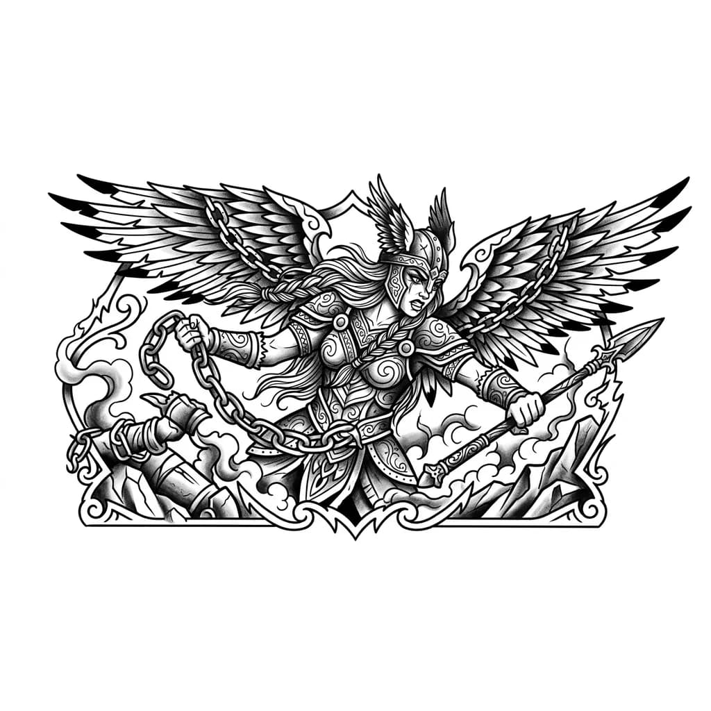 Тату эскиз: Нарисуй эскиз тату андеграунд валькирия с цепями в бою , чтоб смотрелось мощьно