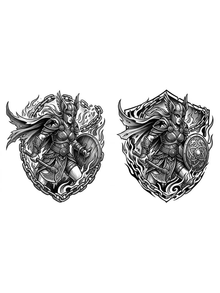 Тату эскиз: Нарисуй эскиз тату андеграунд валькирия с цепями в бою , чтоб смотрелось мощьно
И чтоб она была не во весь рост, 