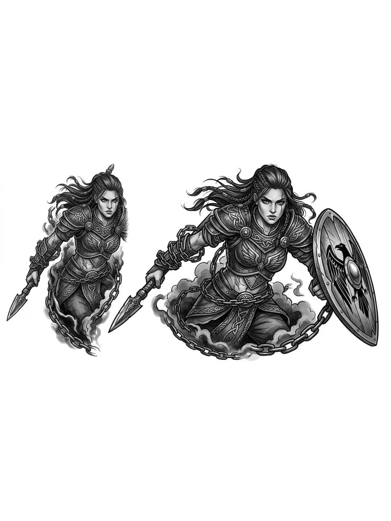 Тату эскиз: Нарисуй эскиз тату андеграунд валькирия с цепями в бою , чтоб смотрелось мощьно
Не в полный рост , с детализацией 