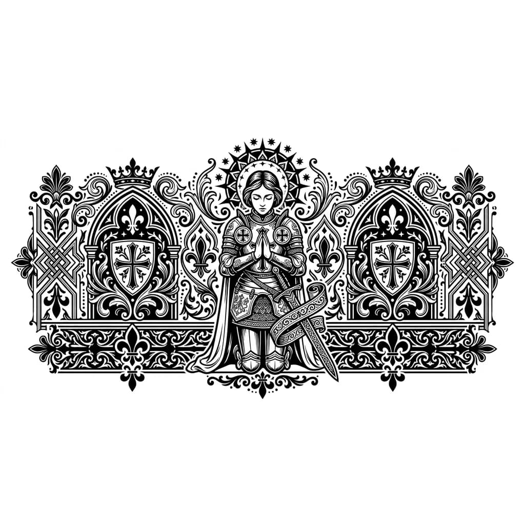 Тату эскиз: жанна дарк из иллюстрации стоя на колене в готических узорах конца 16 века