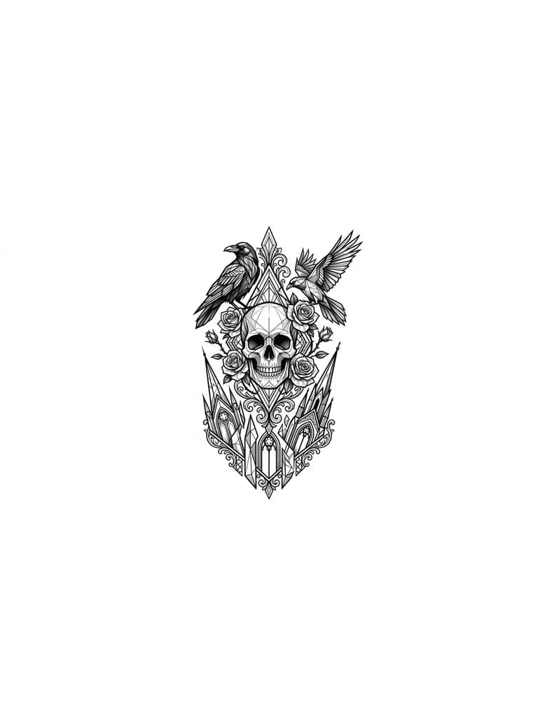 Тату эскиз: Общий стиль и настроение
Это  сочетание линий и агрессивной, почти «острой» геометрии. Использование высокого контраста (черный пигмент на светлой коже) и отсутствие закрашенных областей (шейдинга) создает эффект легкости и одновременно футуристичности, превращая татуировку в подобие цифрового или магического орнамента на теле.