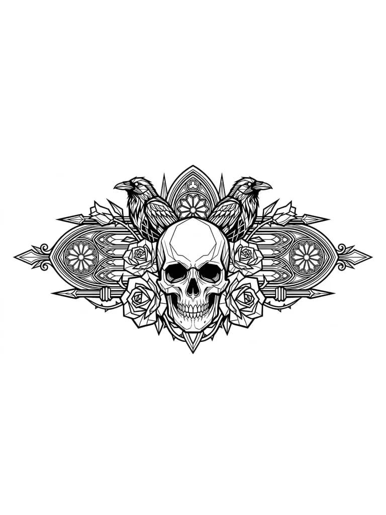 Тату эскиз: Общий стиль и настроение
Это  сочетание линий и агрессивной, почти «острой» геометрии. Использование высокого контраста (черный пигмент на светлой коже) и отсутствие закрашенных областей (шейдинга) создает эффект легкости и одновременно футуристичности, превращая татуировку в подобие цифрового или магического орнамента на теле.