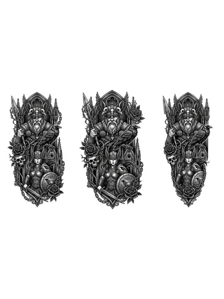 Тату эскиз: Нарисуй Одина, Валькирию И ворона 
Чтоб сочетались с друг другом, , цепи, 
Детализация 