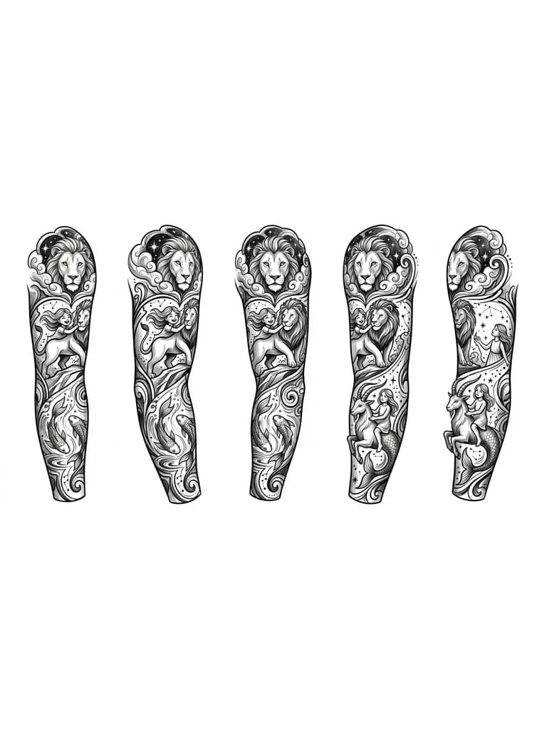 Тату эскиз: Девочка играет  со Львом  , две рыбы , близнецы с Козерогом ,  с неба смотрит лев , 